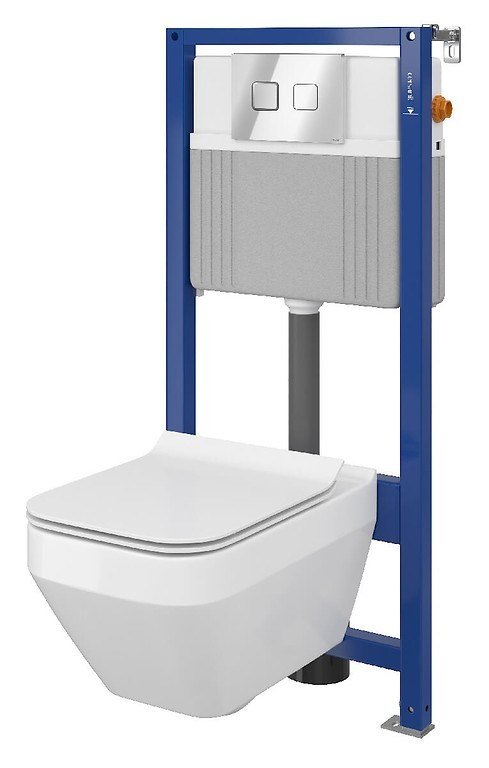 1. Rėmas pagamintas iš 40 mm profilių 2. „Clean WC“ tualeto kremas be sienų su „Duroplast Soft Close“ dangteliu 3. Skalavimo režimas 2/4 L arba 3/5 L 4. Pneumatinis chromuotas mygtukas 5. Kilmės šalis: Lenkija