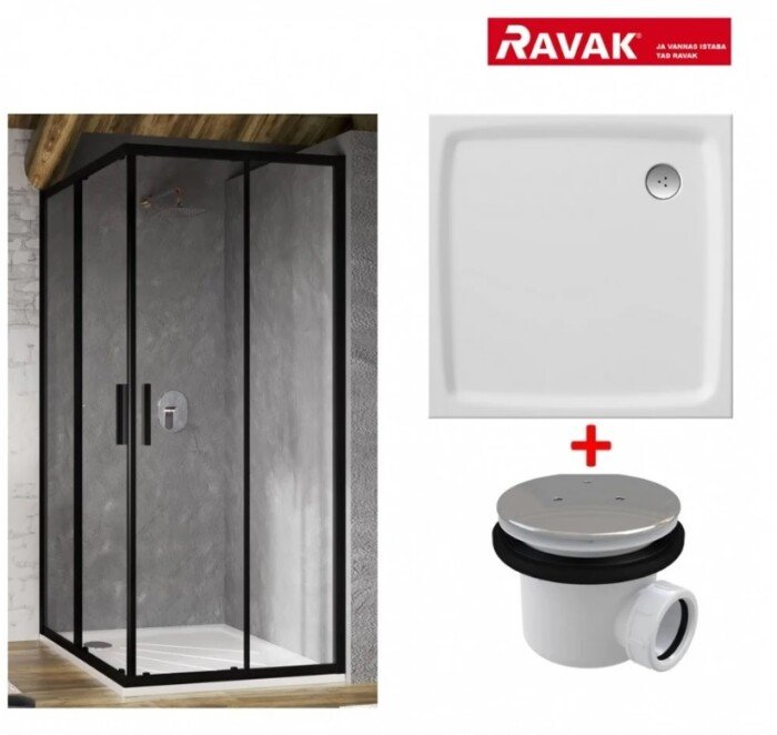 Rinkinys Nr. 11 - BLSRV2 90x90, su padėklu, sifonu, juodu profiliu, skaidrus stiklas