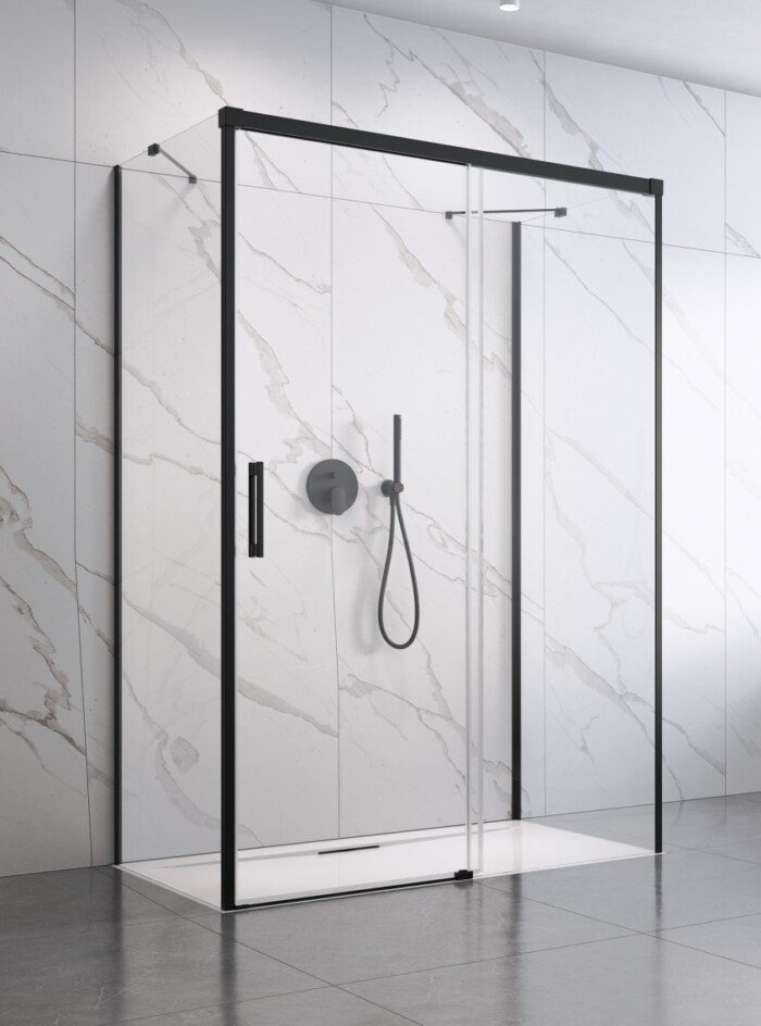 Dušo kampas Idea Black KDJ+S 110x80, h-2000 mm, juodas profilis, skaidrus stiklas, kairė pusė