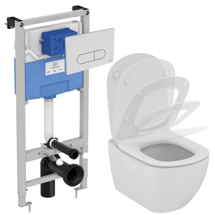 1. Paslėptas tualeto rėmas PROSYS 120 M su tvirtinimo detalėmis2. Oleas M1 mechaninis raktas (chromas)3. Tesi pakabinamas unitazas su paslėptais tvirtinimais ir AQUA BLADE technologija baltos spalvos4. TESI sėdynė su baltu plonu užvalkalu lėtai nusileidžia