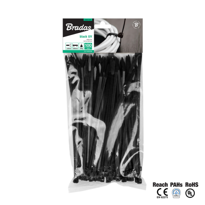Plastikiniai užveržėjai  7.6x250mm,100vnt.,  juodi