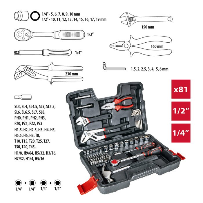 Įrankių rinkinys TOP TOOLS 1/4", 1/2" 81