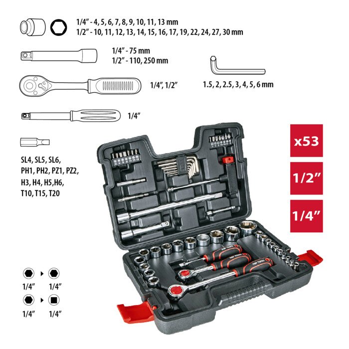 Įrankių rinkinys TOP TOOLS 1/4", 1/2" 53