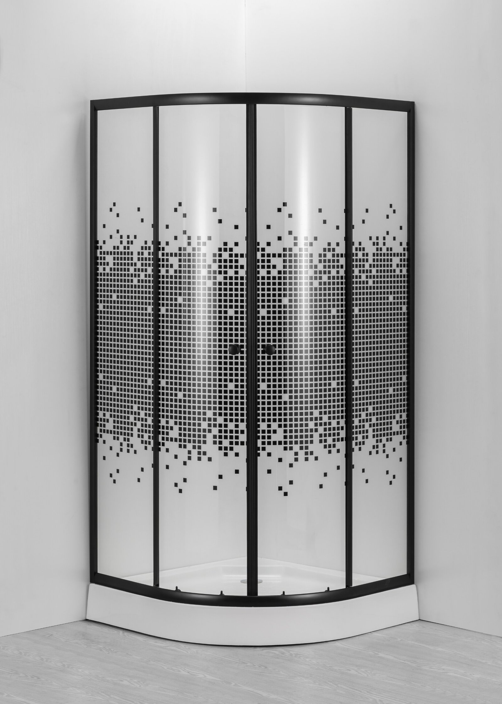 Aprašymas:1. Stiklo storis: 4 mm2. Stiklo spalva: su piešiniu3. Profilio spalva:  juodas4. Ratukų tipas: juodasviršutiniai: dvigubiapatiniai: viengubi5. Padėklas: žemas (13 cm)